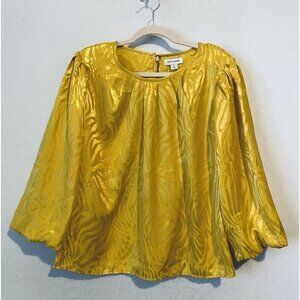 Calligraphie Top Womens XL Mustard Yellow Patterned Silky Puffy Sleeve Pleated